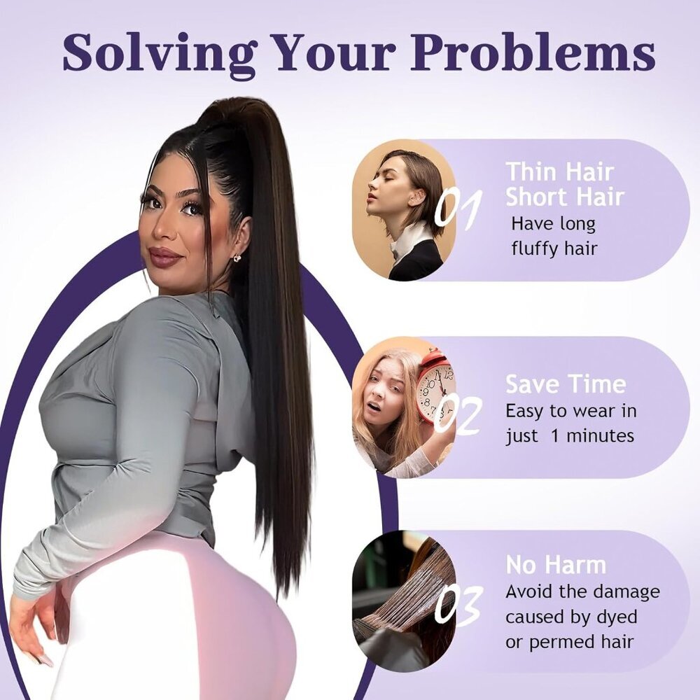 Drawstring Ponytail Extension Long Straight Clip-In Hairpiece for Women Black - Picture 5 of 7